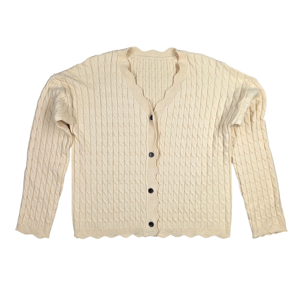 Cream Cable Knit Scalloped V-Neck Cardigan Sweater Large B8C745